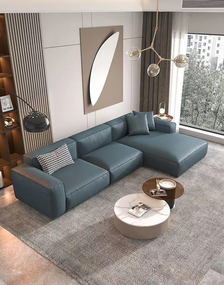 Leather Custom Sofa Bed Straight Row Minimalist Living Room Head Layer Cowhide Caramel Color