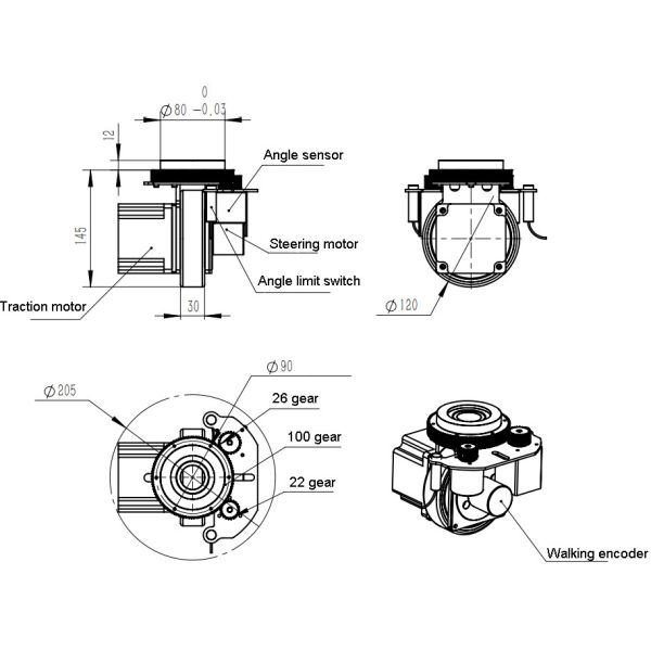 колеса привода робота Agv 3000rpm/min Steerable с автоматизированным идя мотором 24V