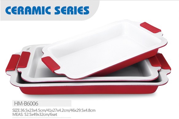 Hot sell Non stick baking ware rectangle pan cake mold ceramic coating pan with silicone handle
