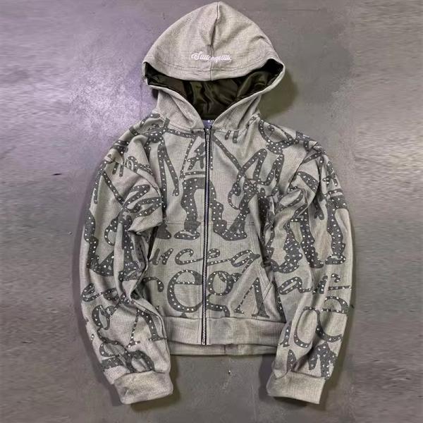 Streetwear Waffle Stain Lining Zip up Hoodie Custom Manufacturer Boxy Crop Oversized Fit French Terry Rhinestone Hoodies for Men