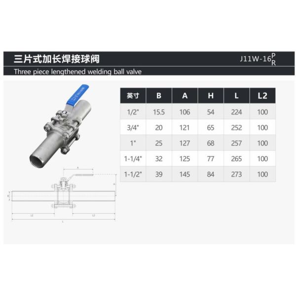 Floating Ball Valve 3PC High Purity Gas Lengthening Welding Stainless Steel Mounting Pad