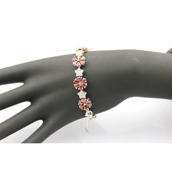 Sterling Silver Link Flower Garnet Cubic Zircon Tennis Bracelet(B01RED)