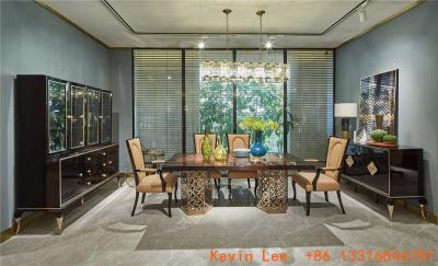 Luxury Ebony wood dining table with Golden stainless steel legs and Leather chairs Wine cabinets for Villa house buffet