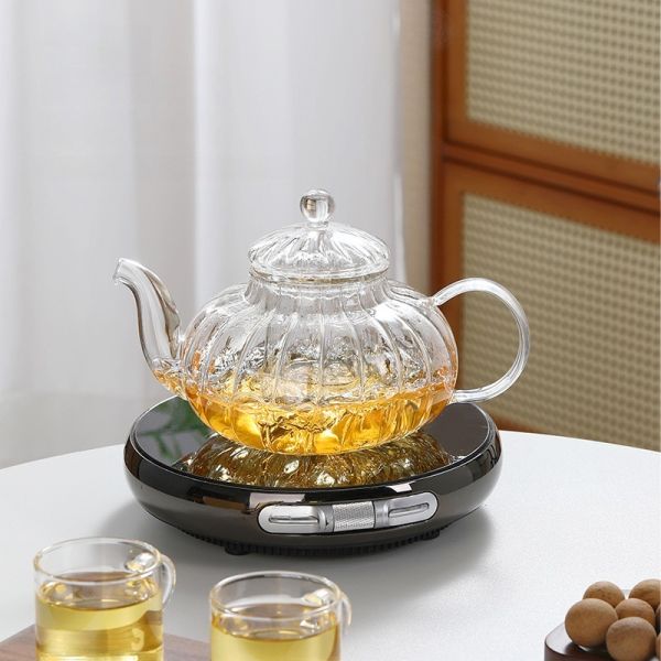OEM 600ml 20oz Pumpkin Ribbed Glass Teapot Heat Resistant Coffee Pot Stovetop Safe