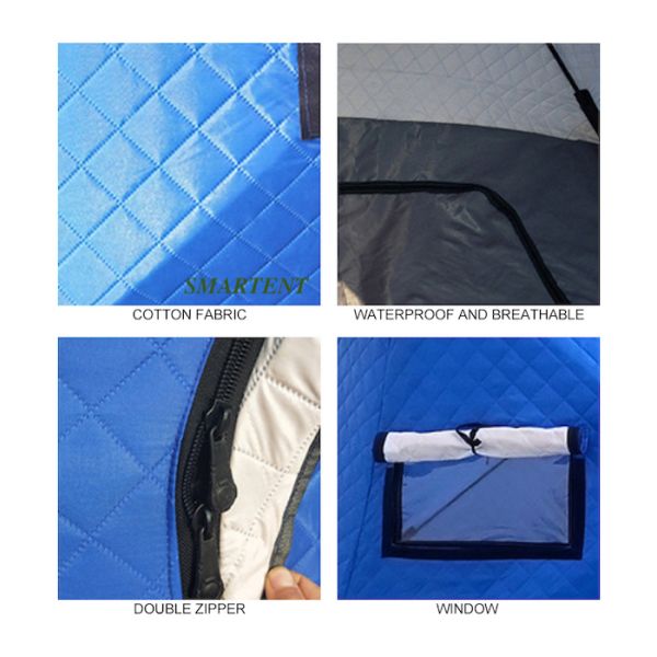 180X180X145CM Cotton Ice Fishing Pop Up Winter Shelter Blue Waterproof Coated Composite