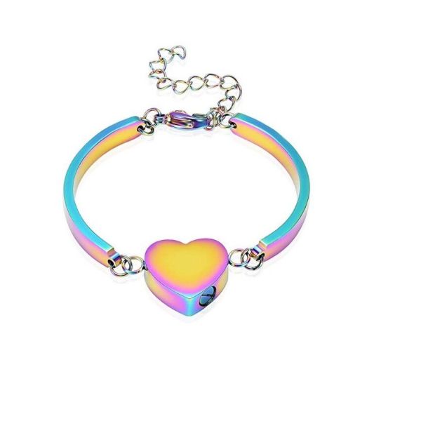Adjustable Memorial Cremation Bracelet Rainbow Heart Urn Bangle For Ashes Keepsake