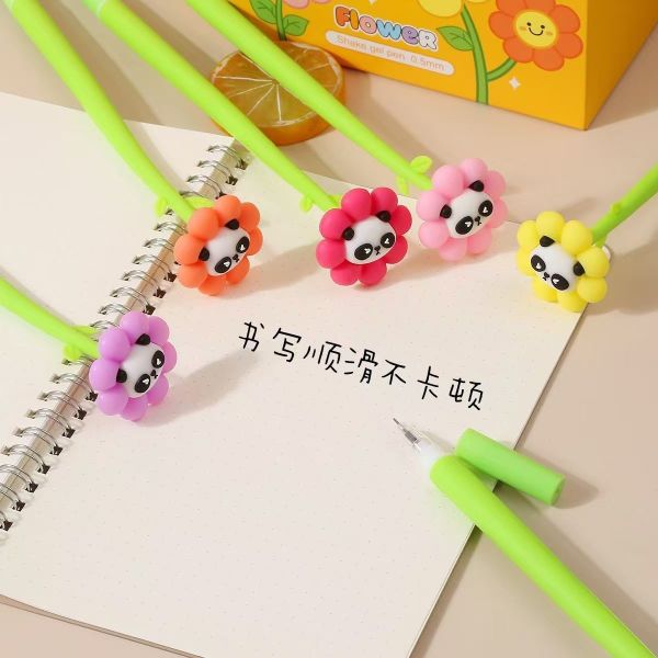 Plumas de flor Panda Plumas de forma de bola rosa Plumas creativas líquidas negras de 0,5 mm Tinta de gel Plumas de pelota para niñas Mujeres, artículos de oficina y decoración escolar