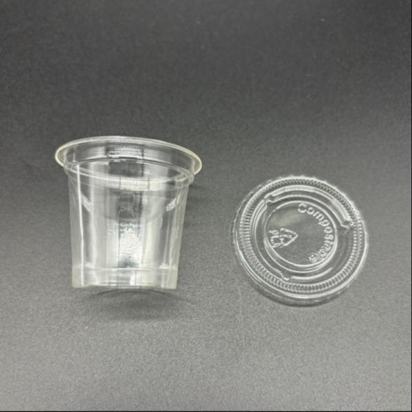 Biodegradable PLA 2 onzas condimento copas con tapas de plástico transparente copa de bebida fría