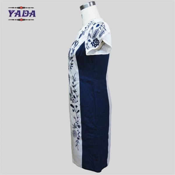 Elegante bordado de pescoço redondo verão de uma peça festa vestido de balanço vestidos de jantar vestidos ocidentais para senhoras