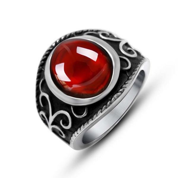Men's Titanium Stainless Steel Vintage Ring with Red Cubic Zirconia (SA704)