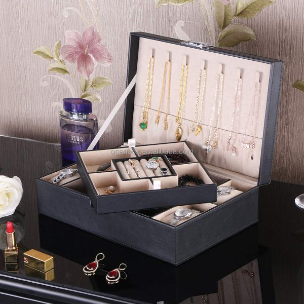 Handmade PU Leather Men's Jewelry Box Organizer With Velvet Lining Removable Tray