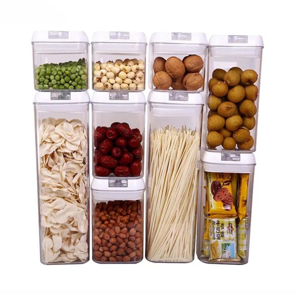 9 Pcs Set Stackable Transparent Pantry Airtight Cereal Dry Food Plastic Storage Containers with White Lid
