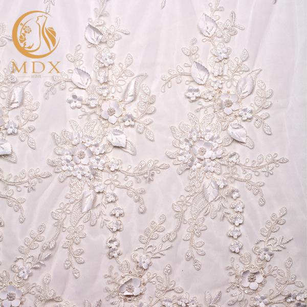 MDX Beaded White Lace Fabrics 140cm Width Luxurious With 3D Flowers