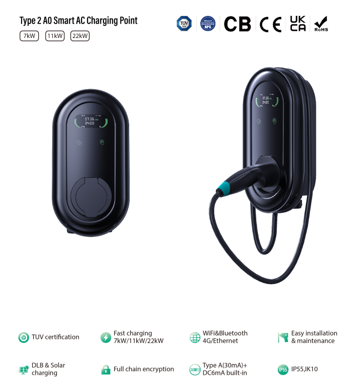 EVSE Manufacture AC Smart Charging Point para vehículos eléctricos 7kw 11kw 22kw Estación de carga solar de pared con OCPP/DLB para uso empresarial y doméstico