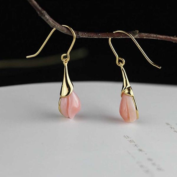 18K Gold Plated Sterling 925 Silver Pink Shell Sculptured Tulip Drop Earring (EZ760003E)