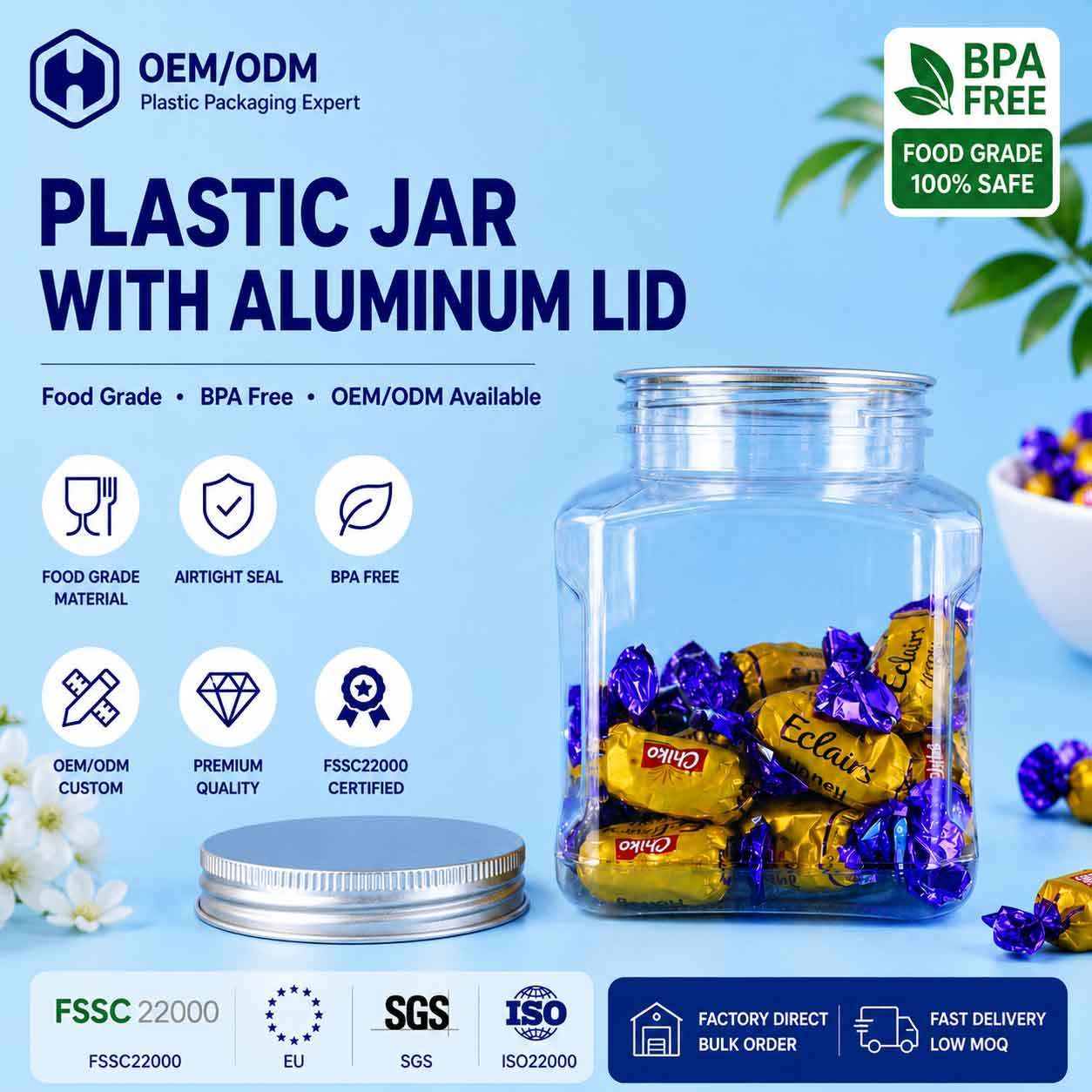 Wholesale ODM Food Grade Plastic Square Jar For Loose Leaf Tea Packaging Clear PET Jar Factory