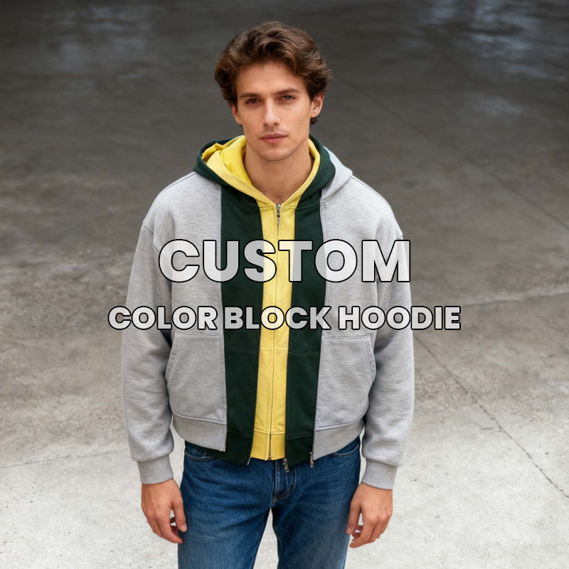 Men’s Color Block Layered Zip-Up Hoodie | Grey Green Yellow Panel Design | Oversized Streetwear