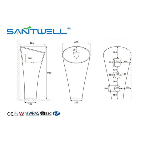 Hand Wash Bathroom Pedestal Basins Compact Structure Ceramic Sink CE Certification