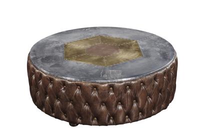 Round Shape Vintage Retro Side Coffee Table Top Genuine Leather Buttons Decoration
