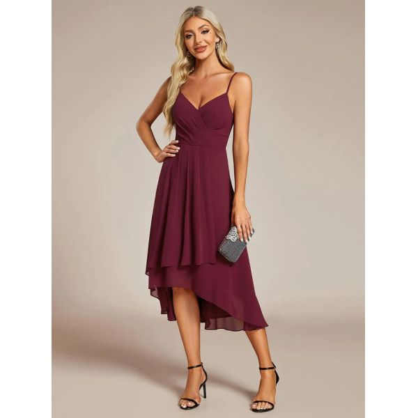 Sexy V-neck Spaghetti Strap Empire A-line High-low Burgundy Chiffon Wedding Guest Dress Midi Evening Dress 