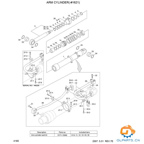 Hyundai R290LC-7 Arm Cylinder 31N8-50138 31N8-50130 Excavator Hydraulic Parts