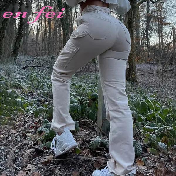 Fashion Women Solid Multi Pocket Cargo Pants Slim Loose Straight Pockets Casual Trousers Cargo Pants