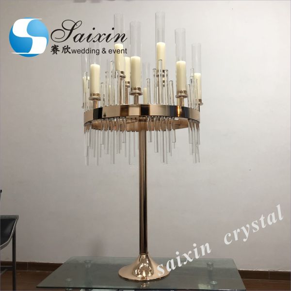 Saixin nuevo diseño gran soporte de metal de oro 10 brazos candelabro de vidrio para los centros de la boda