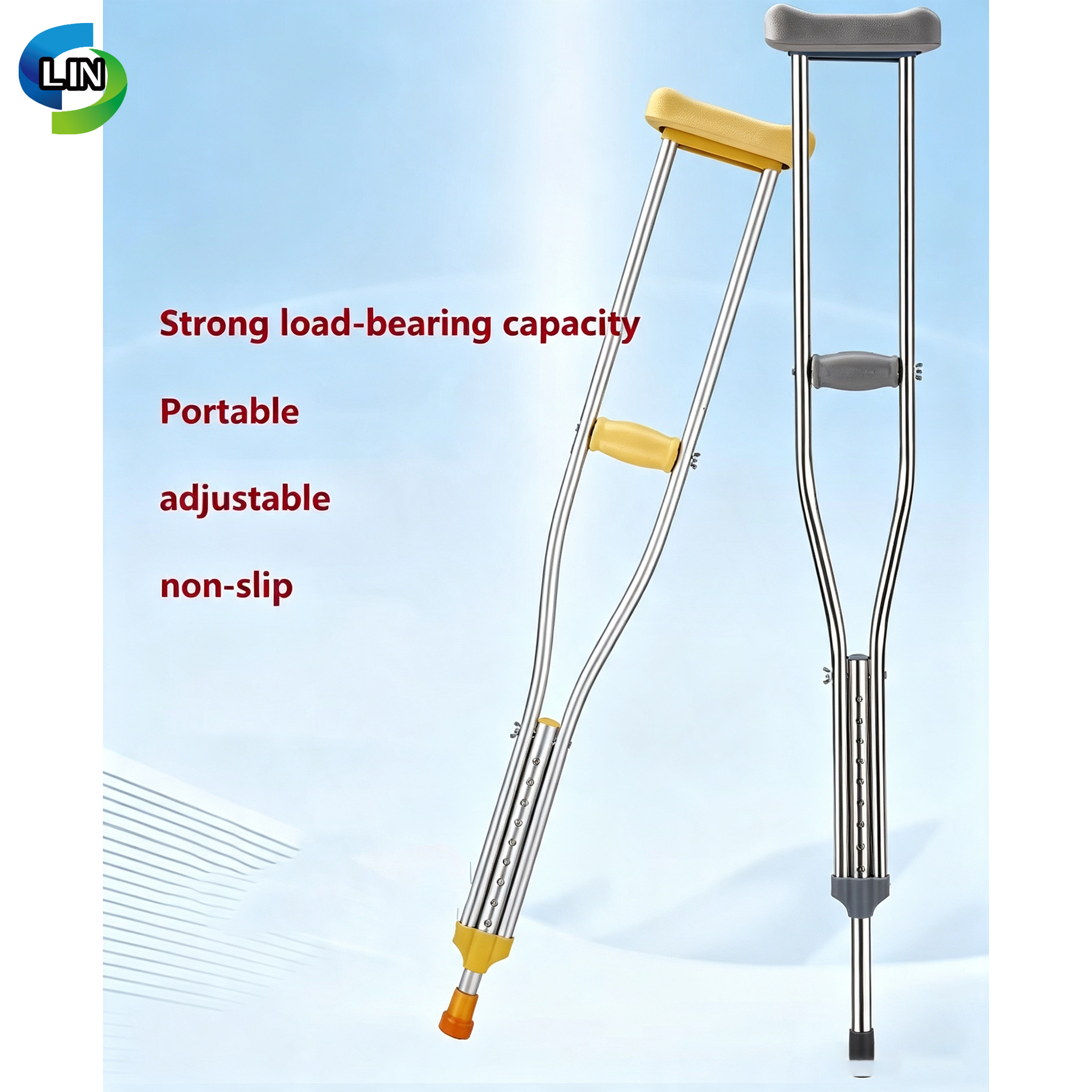 Height Adjustable Stainless Steel Medical Crutch with 100kg Max Load Capacity for Mobility Rehabilitation