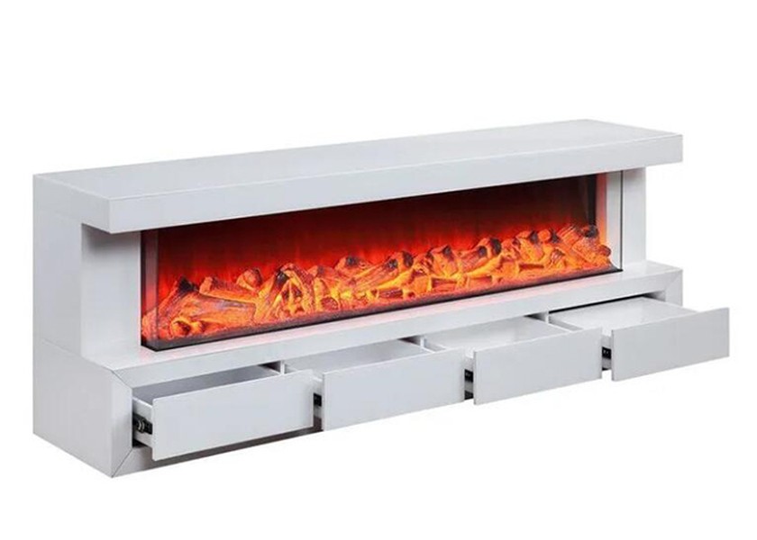 JS-FP03 Super White Mirrored Glass Electric Fireplace TV Stand with 3D Realistic Flame Effect and Free-Standing Mantle Structure
