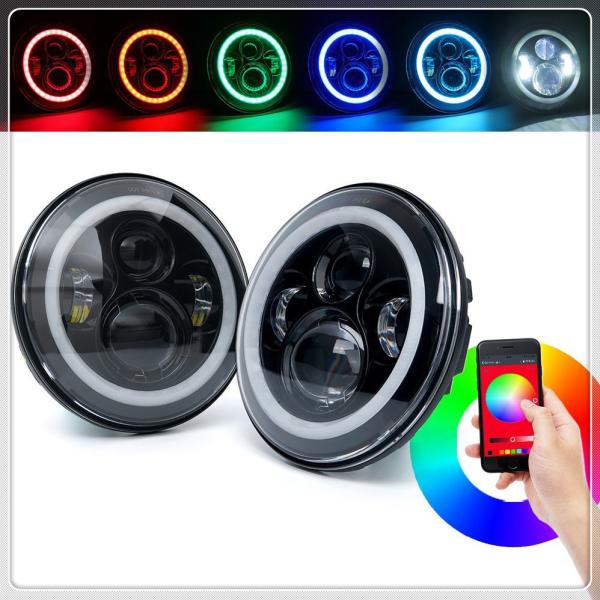 Perfect 7 inch LED Headlights RGB Halo Ring Angel Eyes 7” Round Multicolor DRL Bluetooth Remote Control for Jeep Wrangle