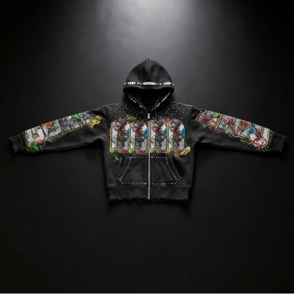 Manufacturer Custom Men's Designer Heavyweight Acid Wash Rhinestone Hoodie Distressed Zip up Cropped Oversized Streetwear Hoodie