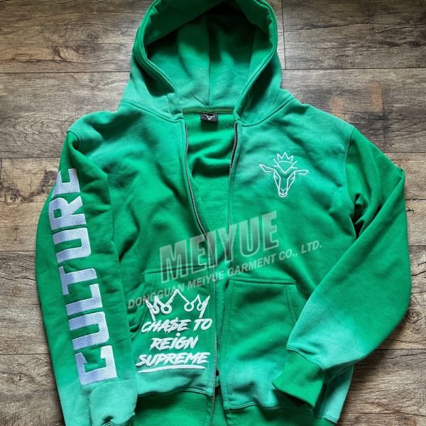 Custom Zip up Hoodie Acid Wash 3d Puff Printing Vintage Retro Washed Zipper Summer Hoodie and Short Set Men