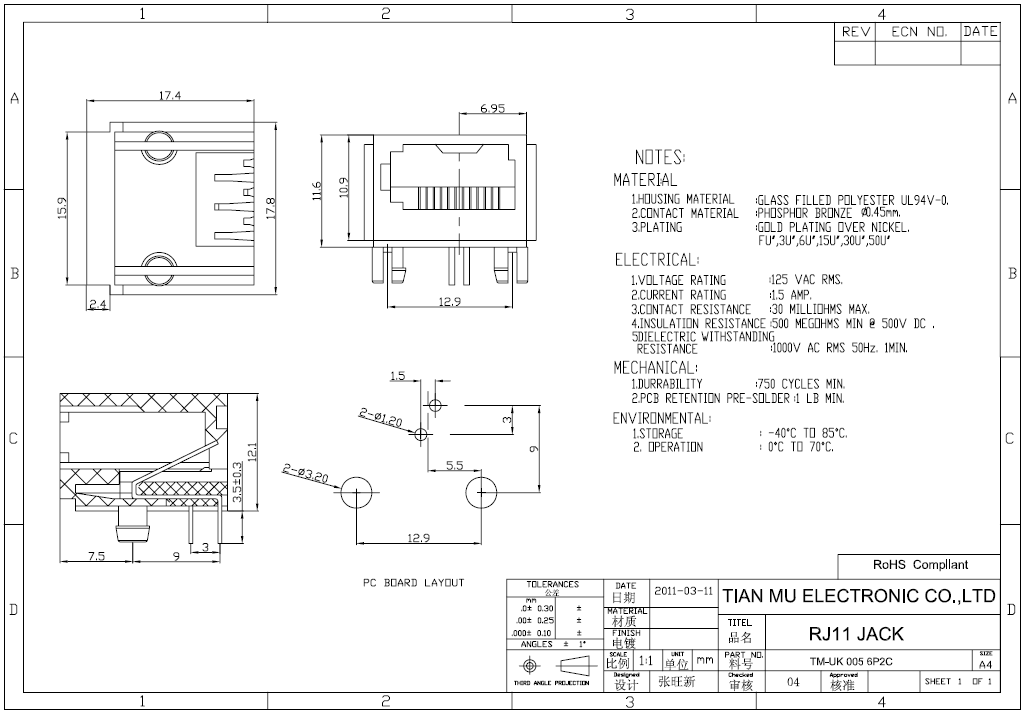 UK Telephone Modular RJ11 PCB Jack With High Insulation Resistance