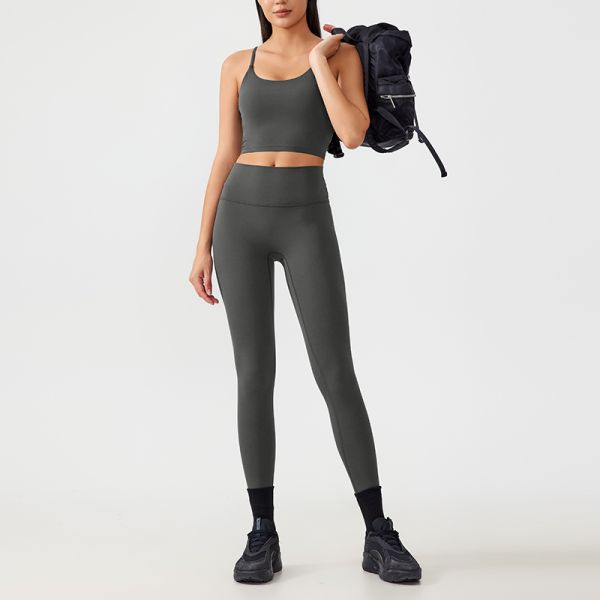 Spaghetti Strap Cropped Yoga Clothing Set 4 Way Stretch Sports Bra Top High Waisted