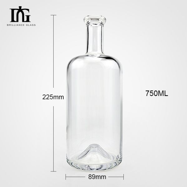 WHISKY 750ml Clear Flint Glass Bottle with Classical Round Design and Glass Collar