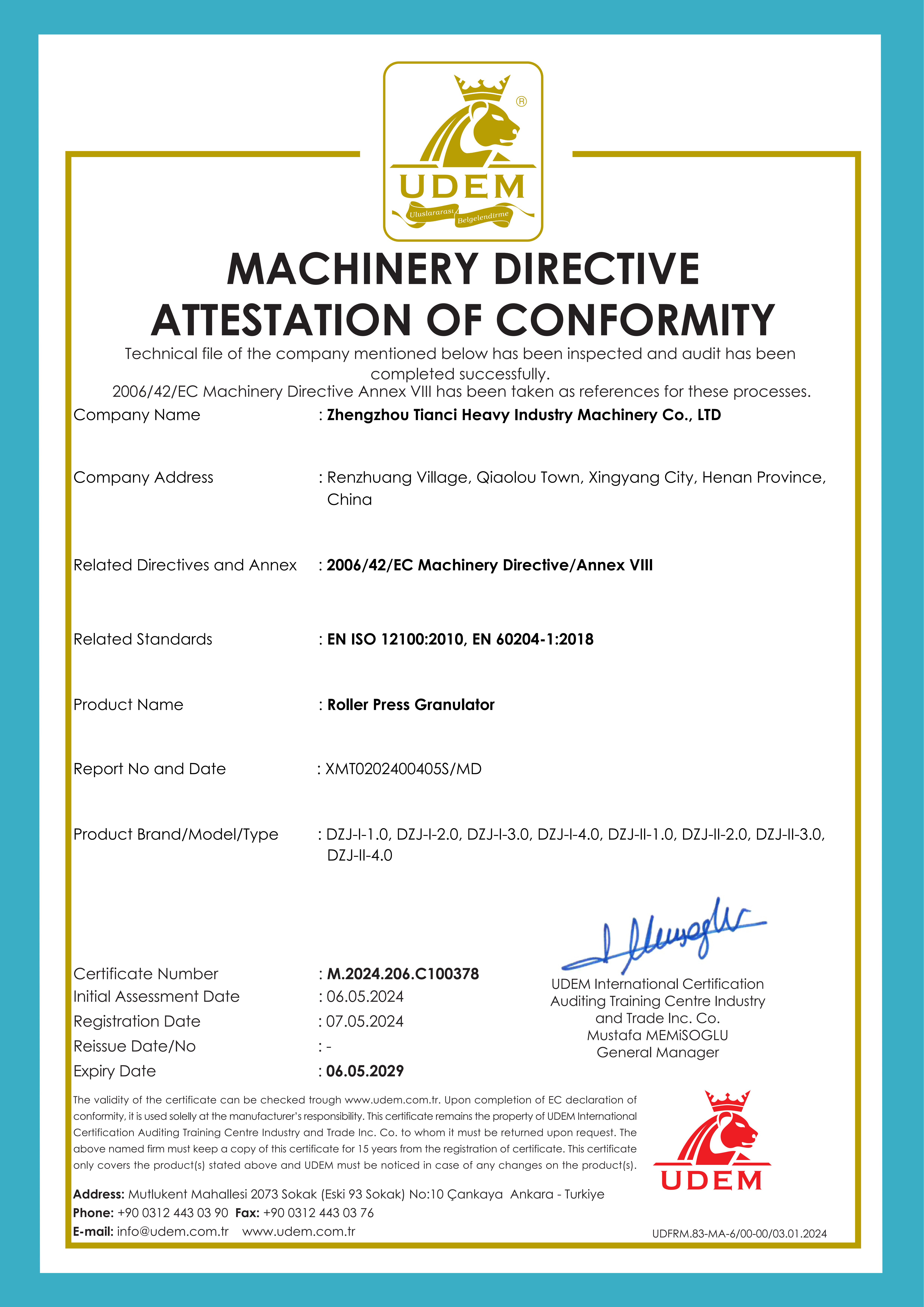 Zhengzhou Tianci Heavy Industry Machinery Co., Ltd. Сертификации