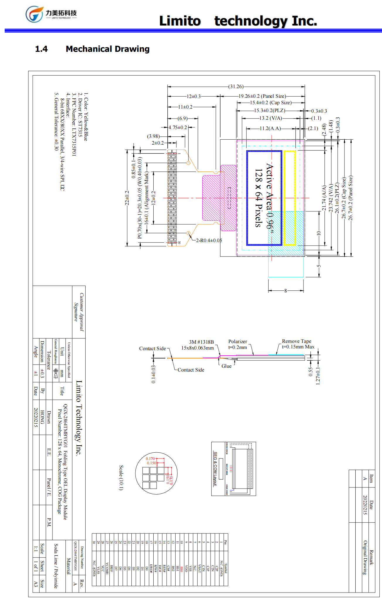 0.96 Inch Small Monochrome OLED Display 128x64 Pixels ST7315