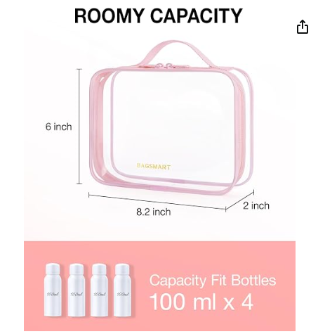 Clear Toiletry Bag with Handle 2-Pack TSA Approved, Pink | Water-resistant Travel Toiletry Bag, Carry On Travel Accessories Bag, Airport Airline Quart Size Bags Women Men, Makeup Bag