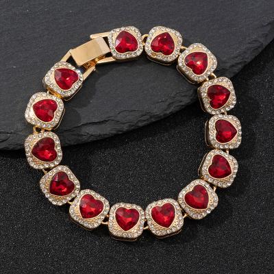 Fashion Red Heart Square Bracelet Hip Hop Heart Link Tennis Bracelets for Men and Women Wedding Jewelry Gifts