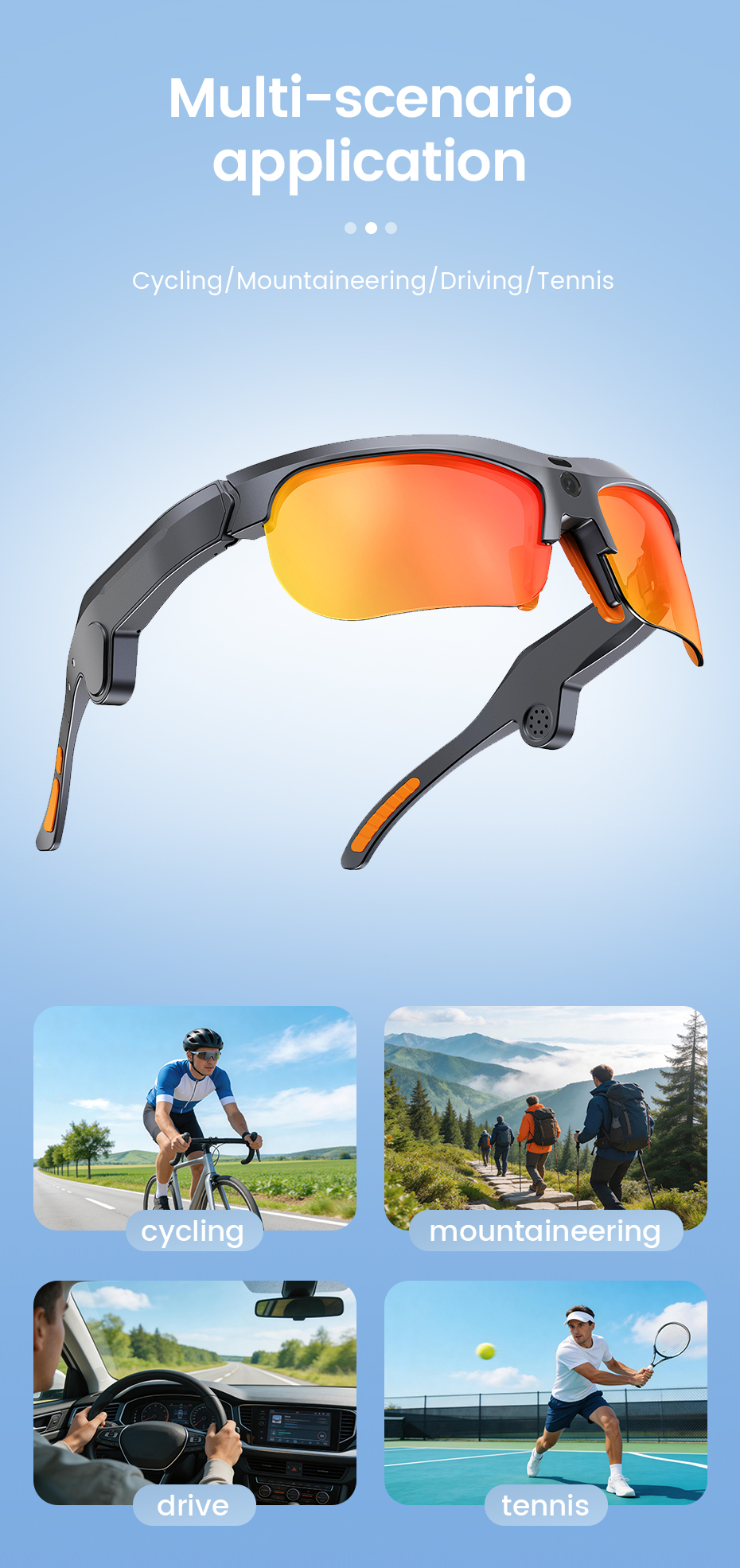 E08 Smart Glasses-1200P HD Video AI Object Recognition IP54 Waterproof Magnetic Charging Voice Control Semi-Open