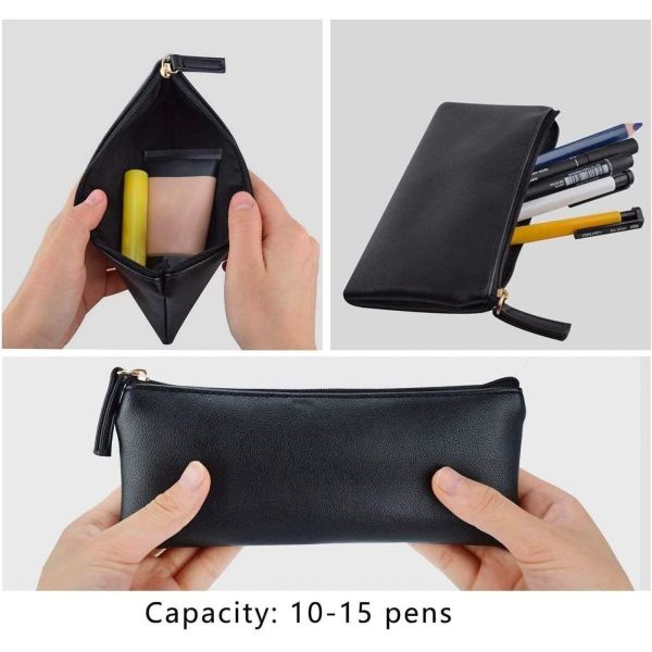 MROCO Pencil Case Pencil Pouch Black Pencil Bag PU Leather Pen Case Small Zipper Pouch for Pencils, Pens, Markers, Makeu