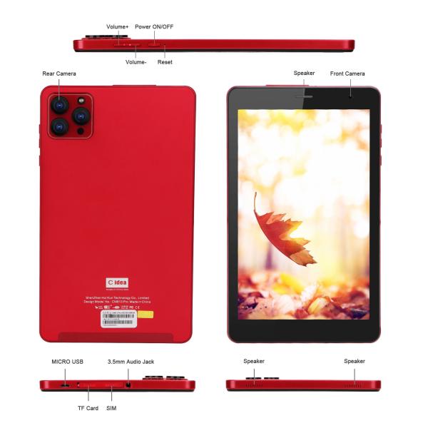 C idea 8 inch Android 12 Tablet 6GB RAM 512GB ROM 8000mAh Battery 5+8MP Camera CM813 PRO-red