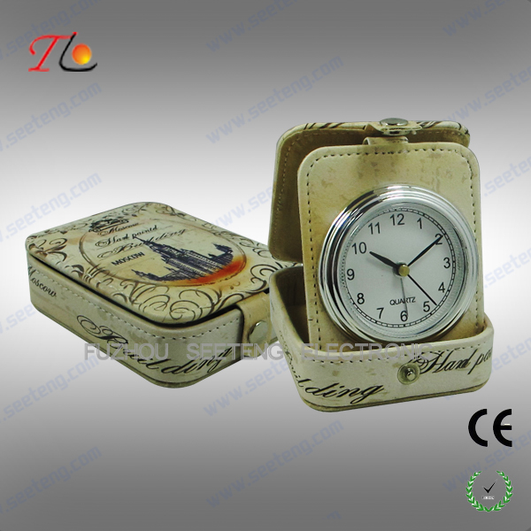 New portable and folding 3D flower printing PU Paris travel alarm clock for promotion