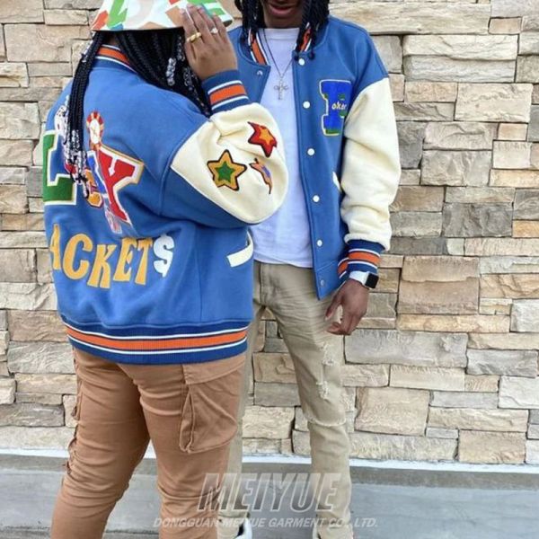 Unisexe personnalisé Manches en cuir de chenille Broderie de lettres Patch Baseball Hommes Veste Letterman Vêtement universitaire Veste de rue