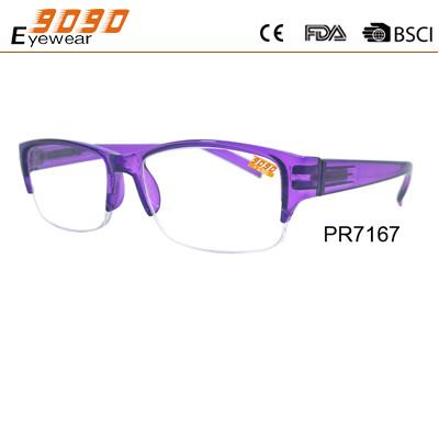 Fashionable half rim reading glasses,power range +1.0 to +4.00,made of plastic