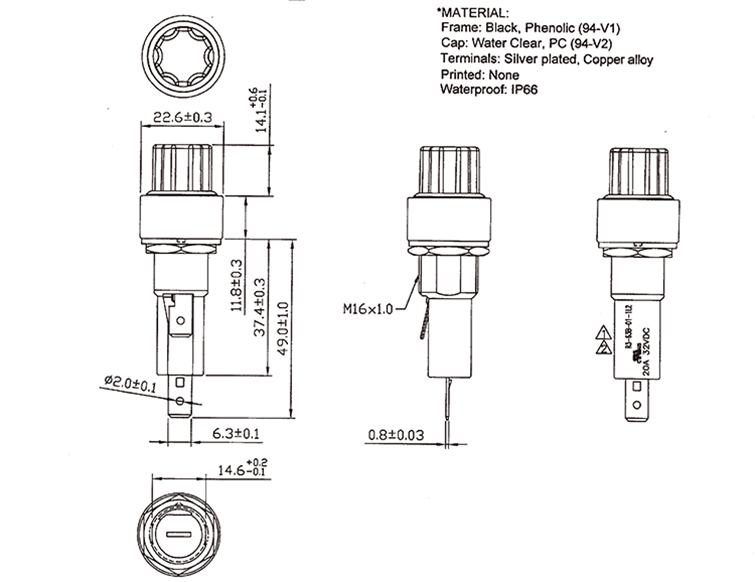 IP66 водонепроницаемая светодиодная индикаторная панель 6.35x31.8mm 6.35x30mm 20A 32VDC