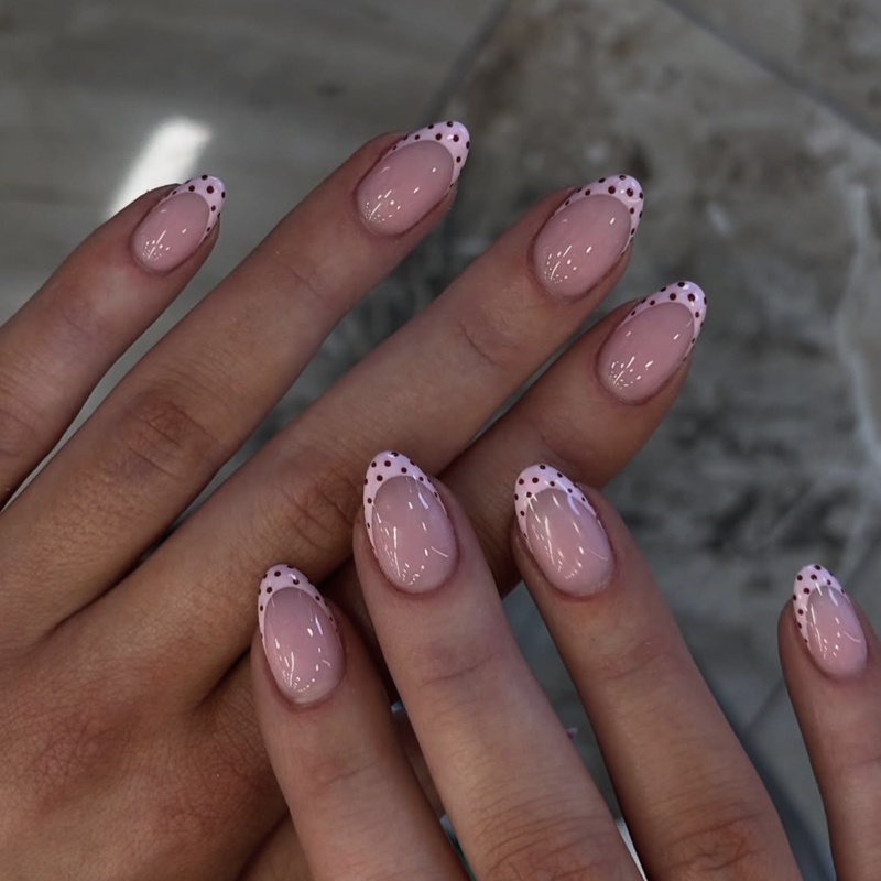 Medium Almond Polka Dot French Tip Artifical Nails No Nail Damage