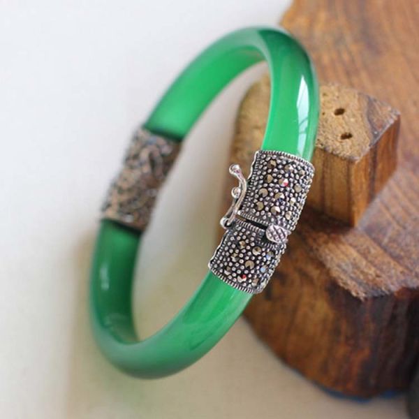 Women Vintage Jewelry Sterling Silver Zirconia Bangle Bracelet (015741GREEN)