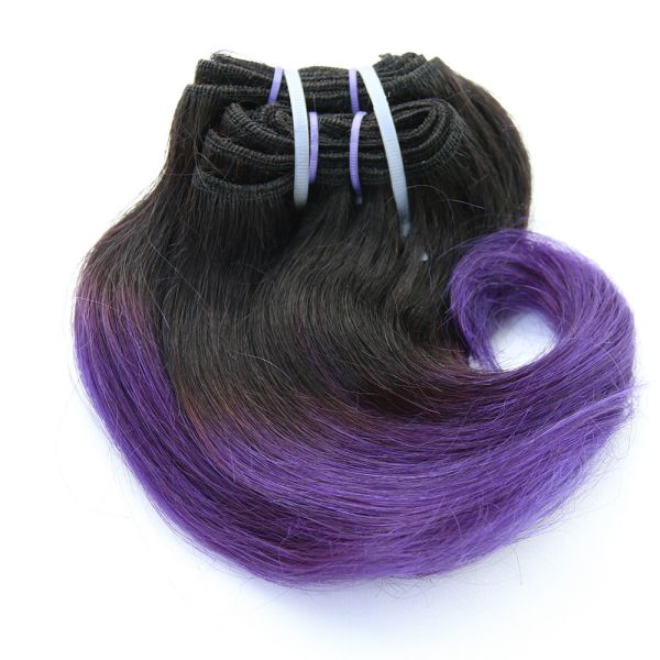 2017 New Style Short Curl Ombre Purple Brazilian Remy Hair Weft Hair Extension