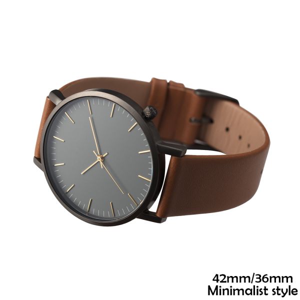 Mens Watch Black Face Brown Band , Luxury Steel Back Stainless Watch